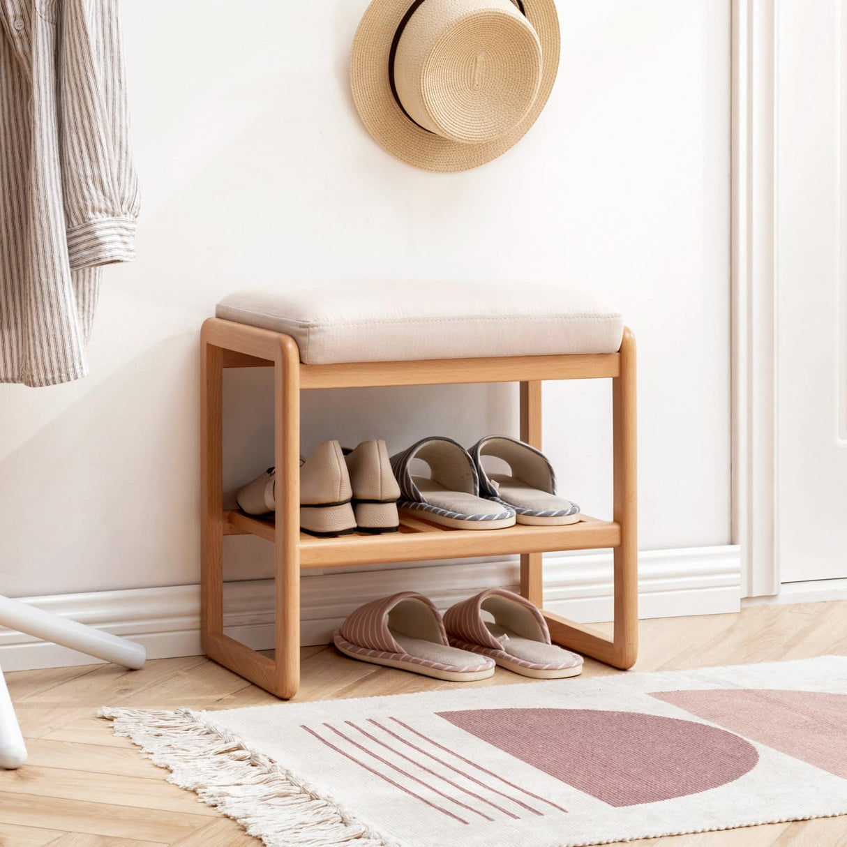 Shoe Bench, Natural Beech Wood Entryway Bench with High Rebound Sponge Cushion and 2 Tier Storage