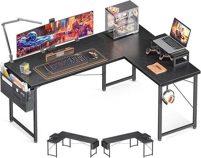 L Shaped Computer Desk with Storage Bag, 57.5 Inch Reversible Gaming Desk, Home