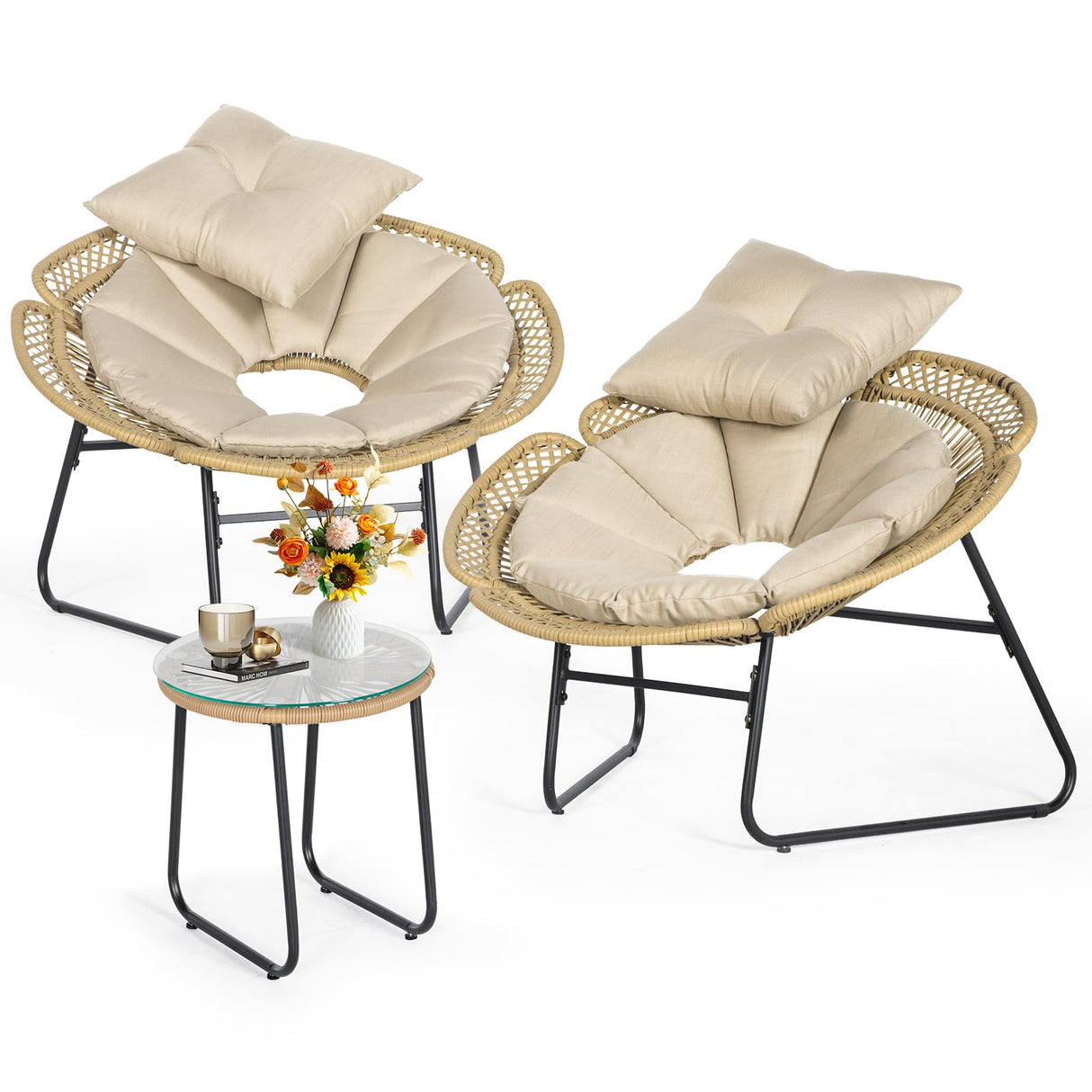 3 Pieces Rattan Bistro Set, Flower-Shaped Wicker Patio Furniture Set with Cushion & Pillow