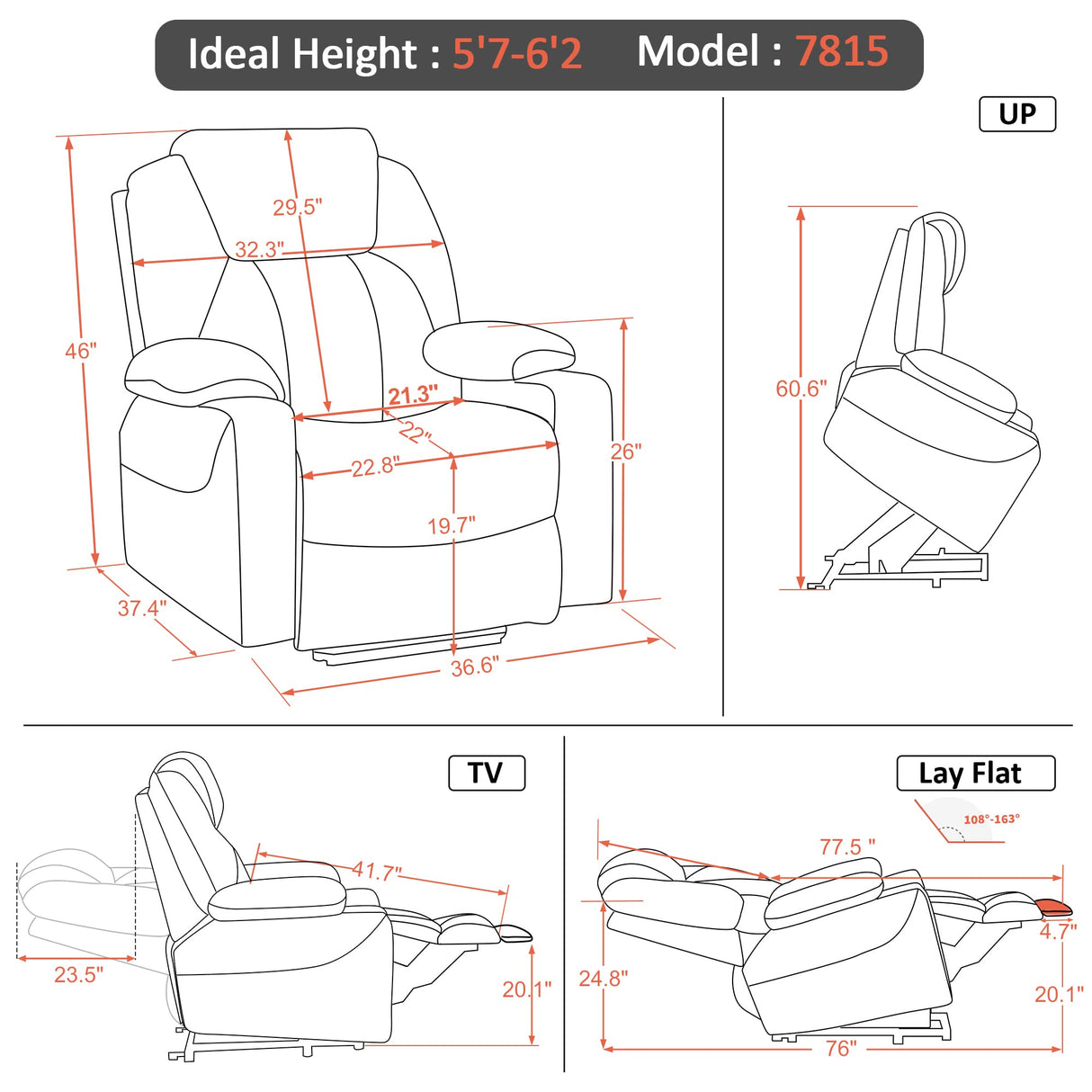 MCombo Large Lay Flat Dual Motor Power Lift Recliner Chair Sofa with Massage and Heat, USB Ports, Extended Footrest, for Elderly People, Infinite Position, Faux Leather 7815 (Dark Brown)