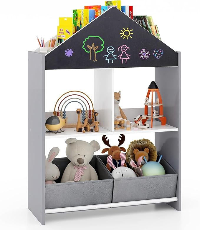 Bookshelf, Wooden Dollhouse Bookcase with Blackboard, Whiteboard, Toddler Book Shelf with Cubby & 2 Fabric Bins, Toy Storage Organizer for Kids Room, Playroom, Nursery (Pink)