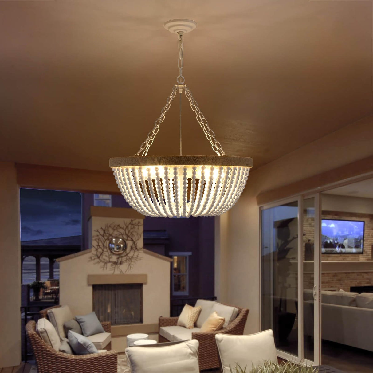 5 Lights White Bohemia Wood Beaded Chandelier, Farmhouse Boho Chandelier Light