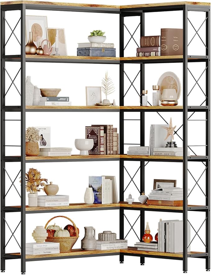 5 Tier, 58.7'' Industrial Wooden Book Shelf with Metal Frame, Large Storage Rack with Open Shelves, Wood Display Bookcase for Home and Office, Rustic Brown