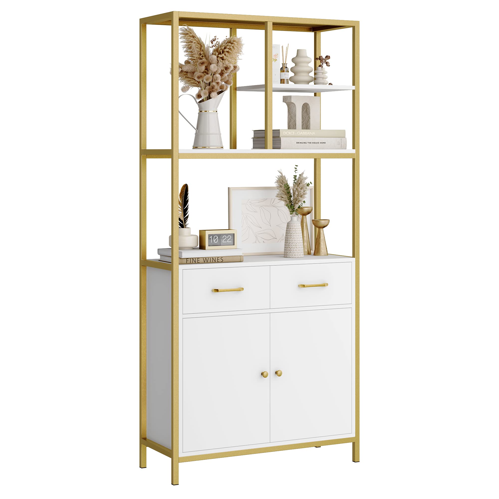 all Bookshelf, Modern White and Gold Bookcase, Book Shelves with Drawers and Storage Cabinet, Metal Etagere Bookcase Display Shelves for Home Office, Gold/White
