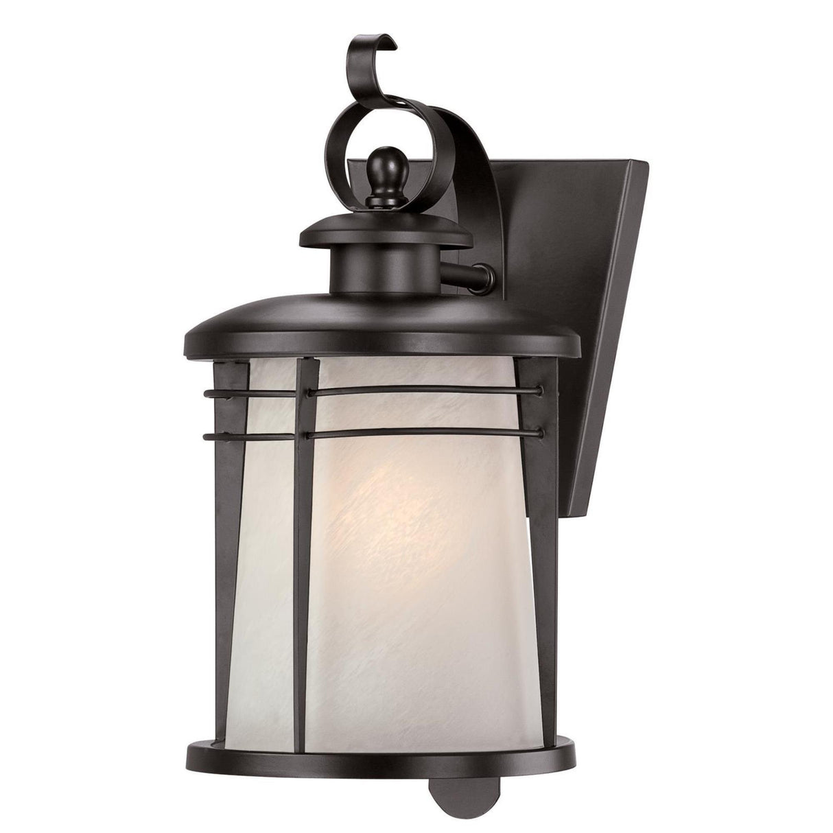 Senecaville One-Light Exterior Wall Lantern, Weathered Bronze Finish on Steel with White Alabaster Glass