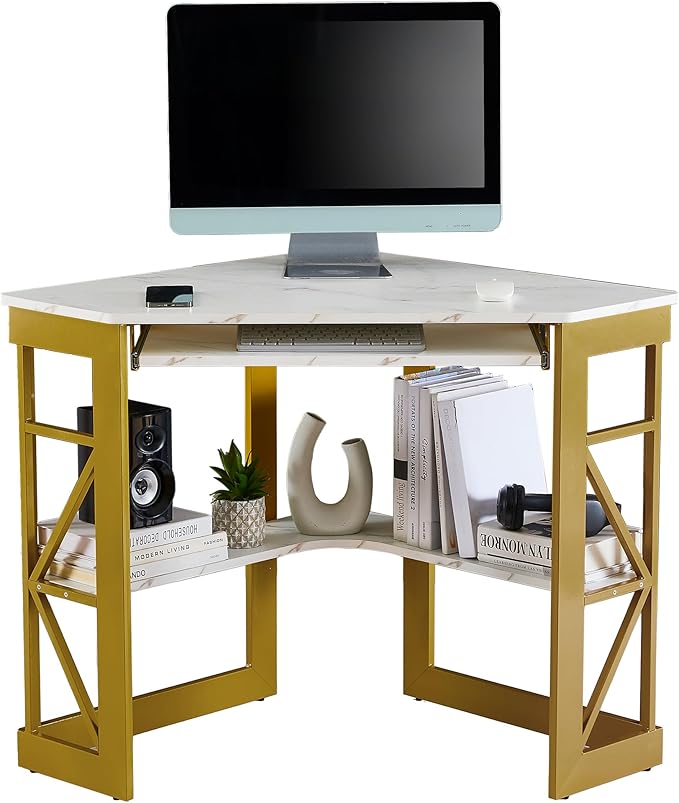 Corner Computer Desk Writing Smooth Keyboard Tray & Storage Shelves,Compact Home Office Triangle