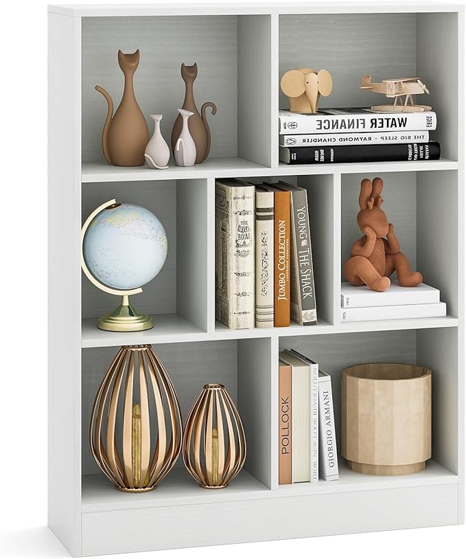 8-Cube Bookshelf, 39.5”L Floor Bookcase with 2 Anti-Tipping Kits, Freestanding Storage Organizer, 4-Tier Display Shelf for Home, Office & Dorms, Natural/White (White, 8-Cube)