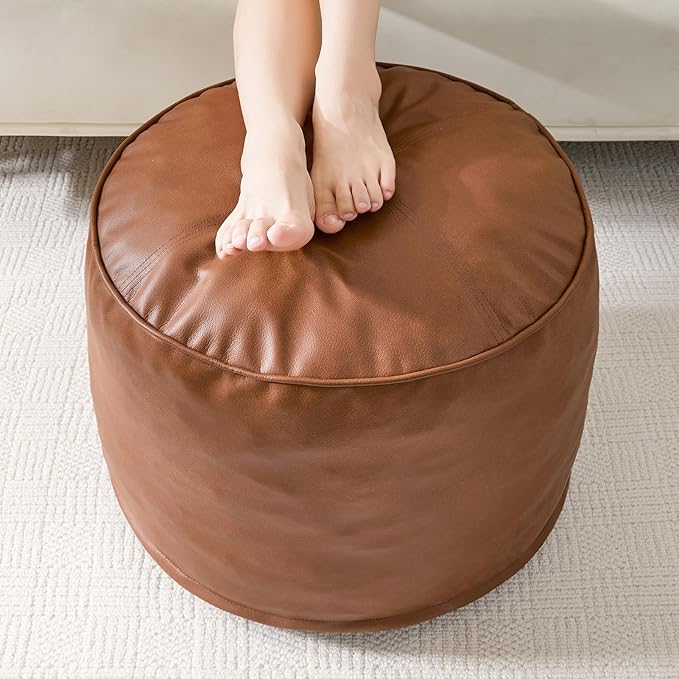 Round Stuffed Pouf Ottoman, Pu Leather Poufs with Foam Chunk Filling, Furry and Fluffy
