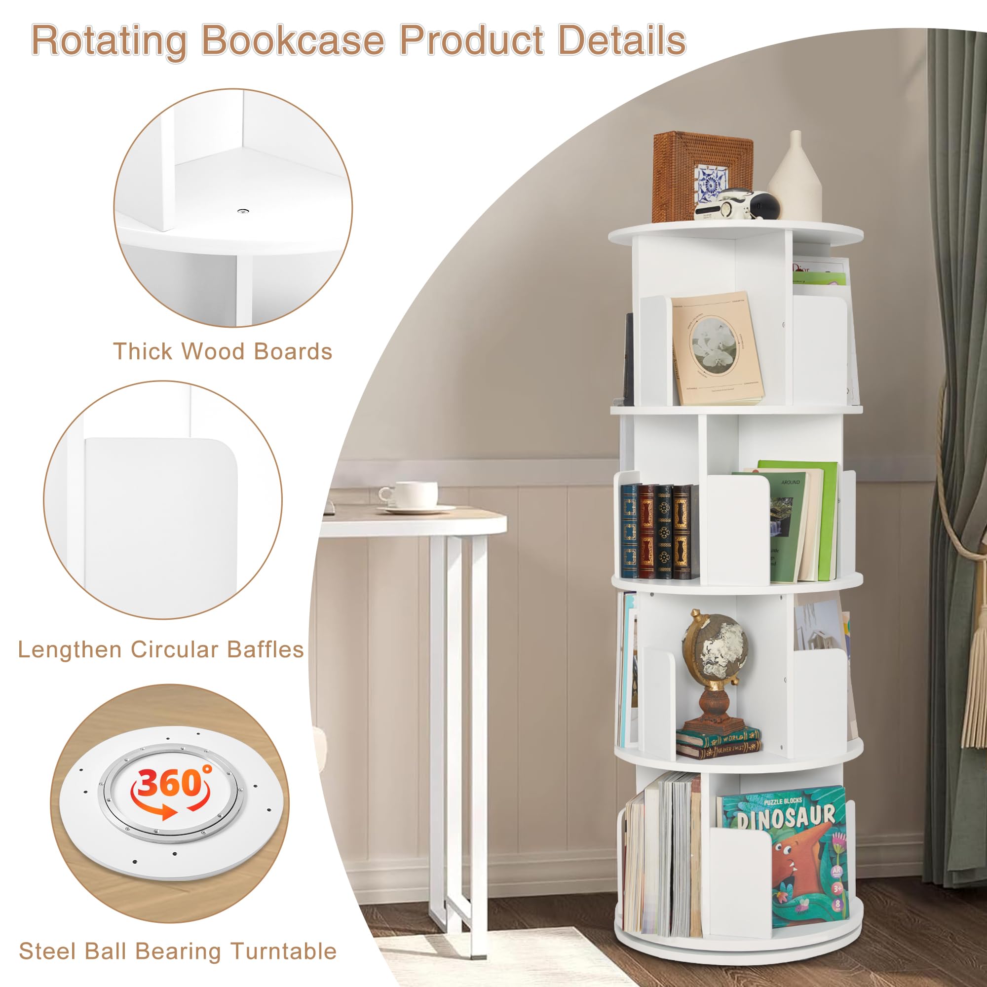 Rotating Bookshelf,Wood Corner Bookshelf 4 Tier 360 Display Spinning Bookshelf Floor Standing Bookcase White Stackable Bookshelf Storage Rack Organizer for Small Space Bedroom Living Room Study Room