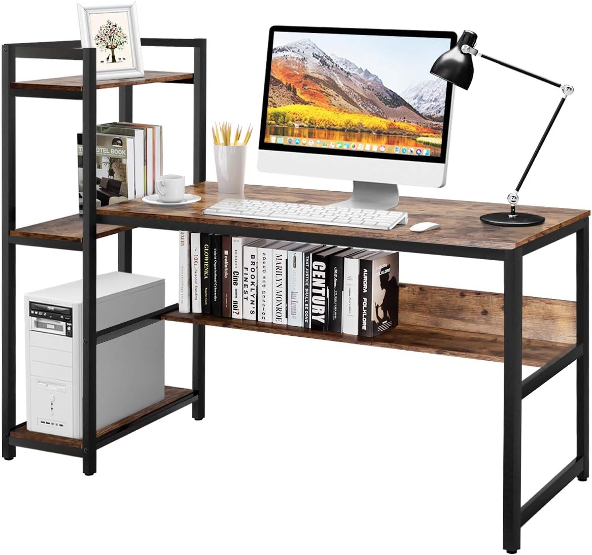 59-Inch Computer Desk with Bookshelf, Home Office Desk with Storage Bookshelf