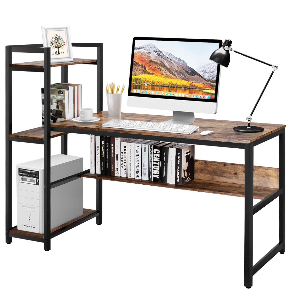 59-Inch Computer Desk with Bookshelf, Home Office Desk with Storage Bookshelf
