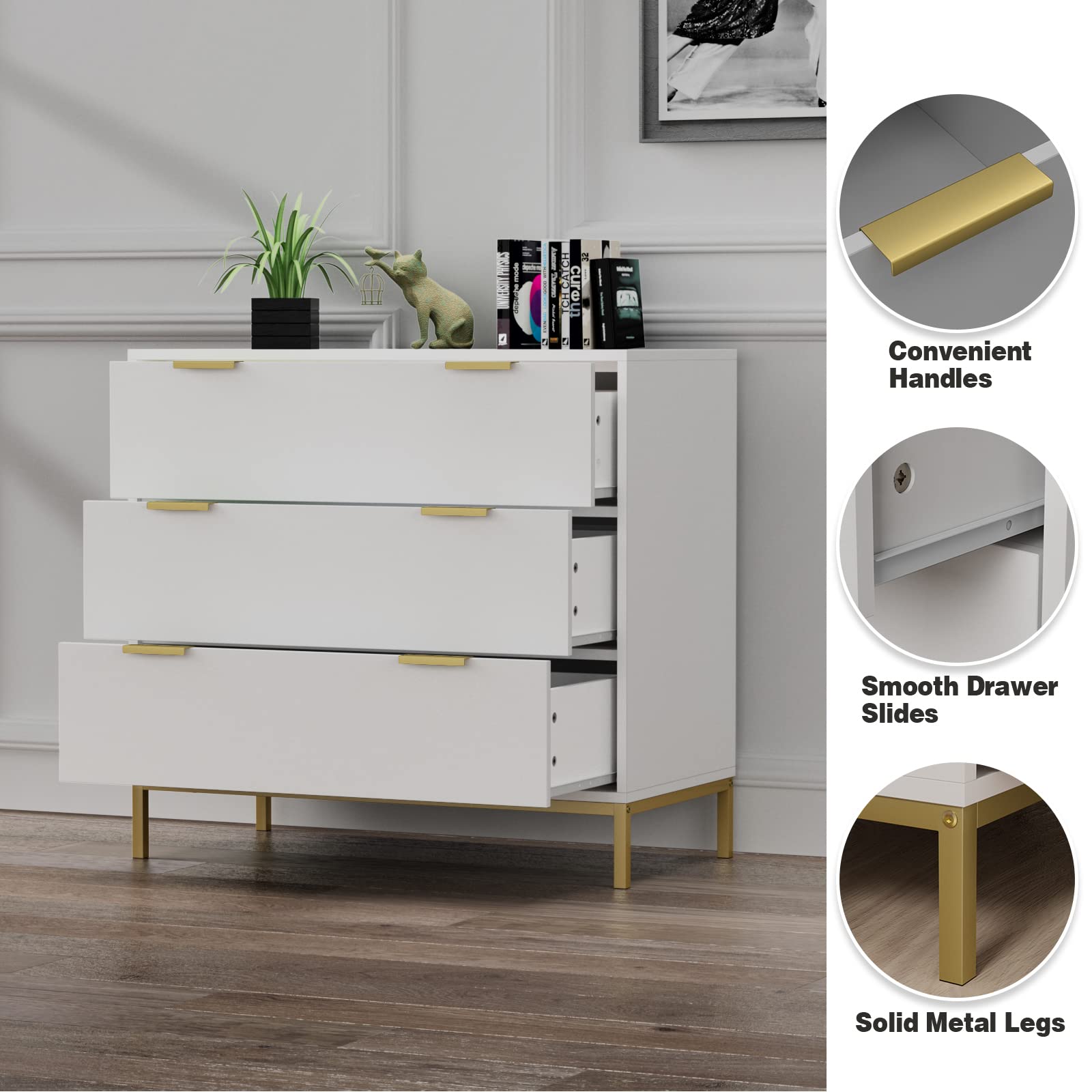 White Dresser for Bedroom, 3 Drawer Dresser with Spacious Storage Modern