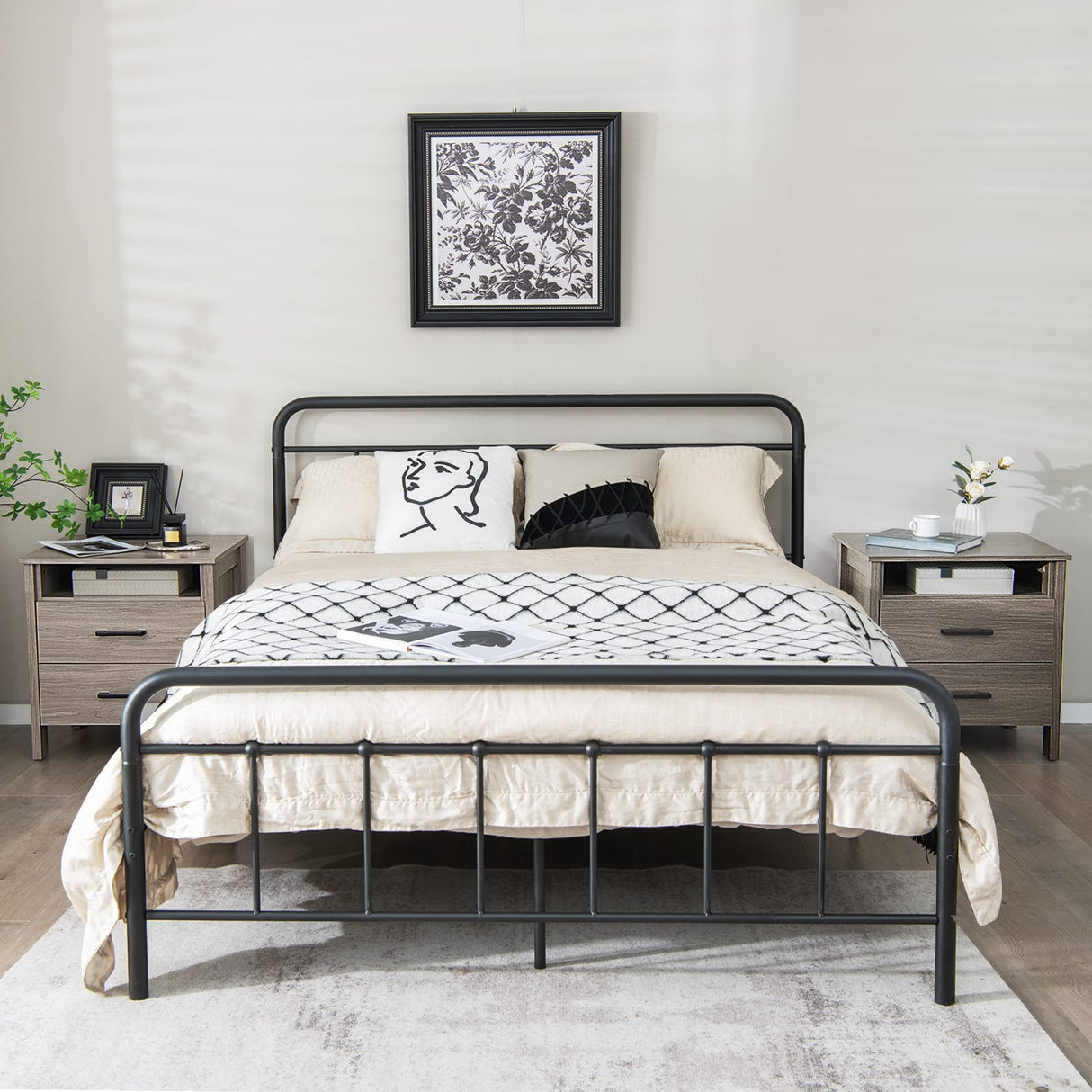 Nightstand with 2 Drawers, Wooden End Side Table with Open Storage Shelf and Cable