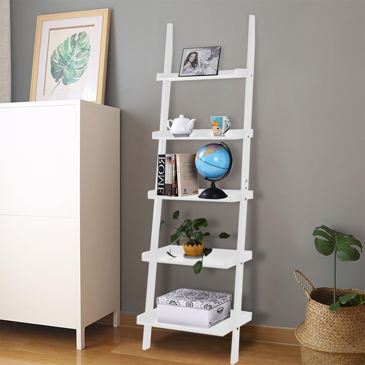 FANTASK White Ladder Shelf, Elegant 5-Tier Leaning Bookshelf, Wood Plant Flower Stand, Stable Storage Rack Shelves for Living Room, Office, Kitchen, Home