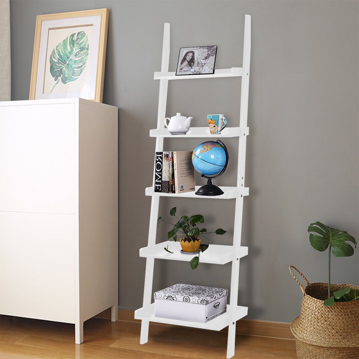 FANTASK White Ladder Shelf, Elegant 5-Tier Leaning Bookshelf, Wood Plant Flower Stand, Stable Storage Rack Shelves for Living Room, Office, Kitchen, Home