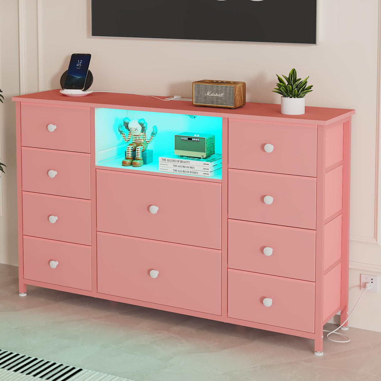 Dresser with Charging Station and LED Lights, Pink Dresser for Girls Bedroom