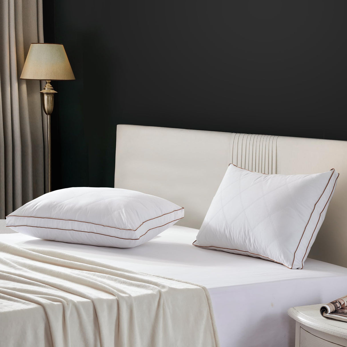 Feathers and Down Pillow, Hotel Collection Gusseted Bed Pillows for Sleeping, 100% Cotton