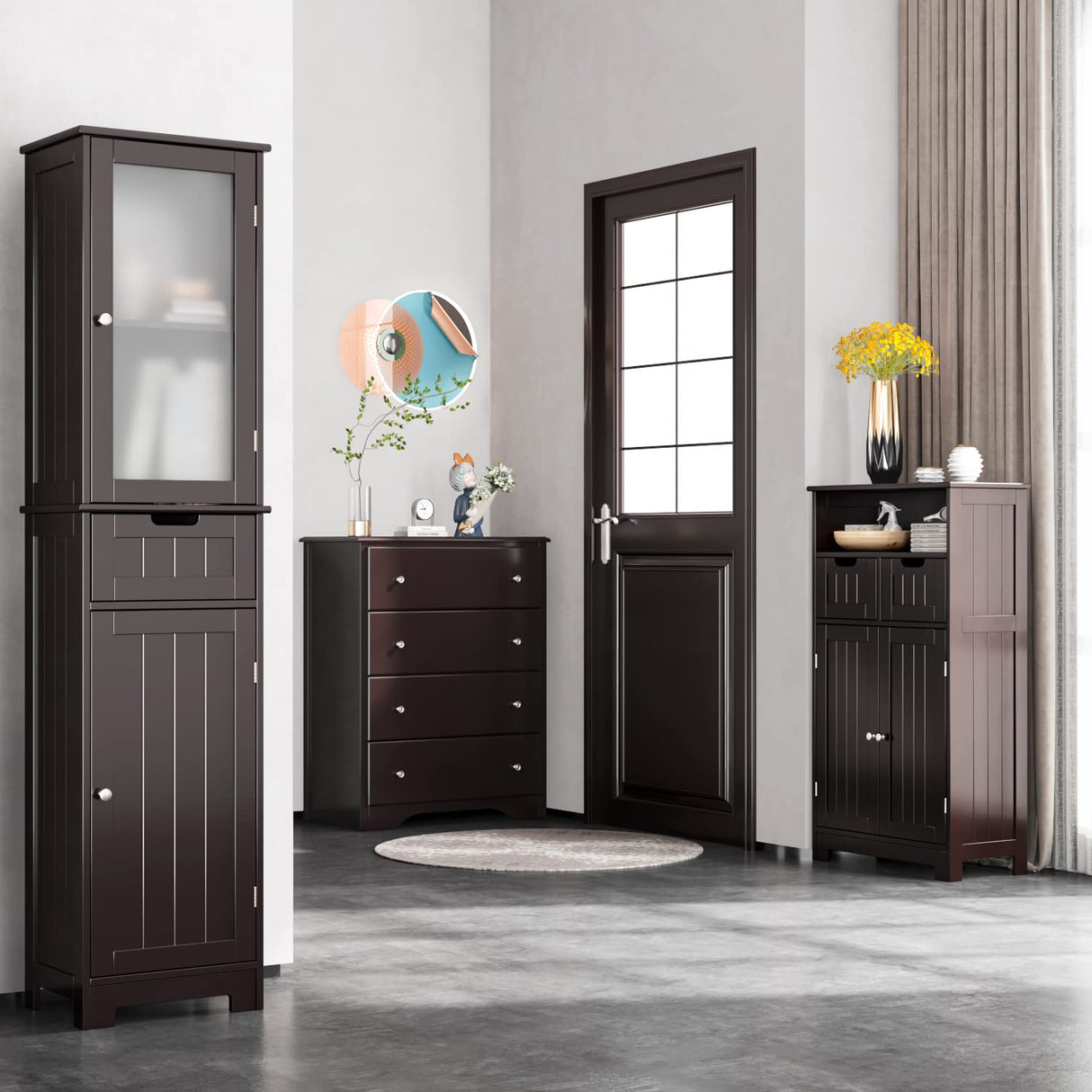 Bathroom Cabinet, Storage Cabinet with 2 Door & 1 Drawer, Floor Freestanding Cabinet with Adjustable Shelves,