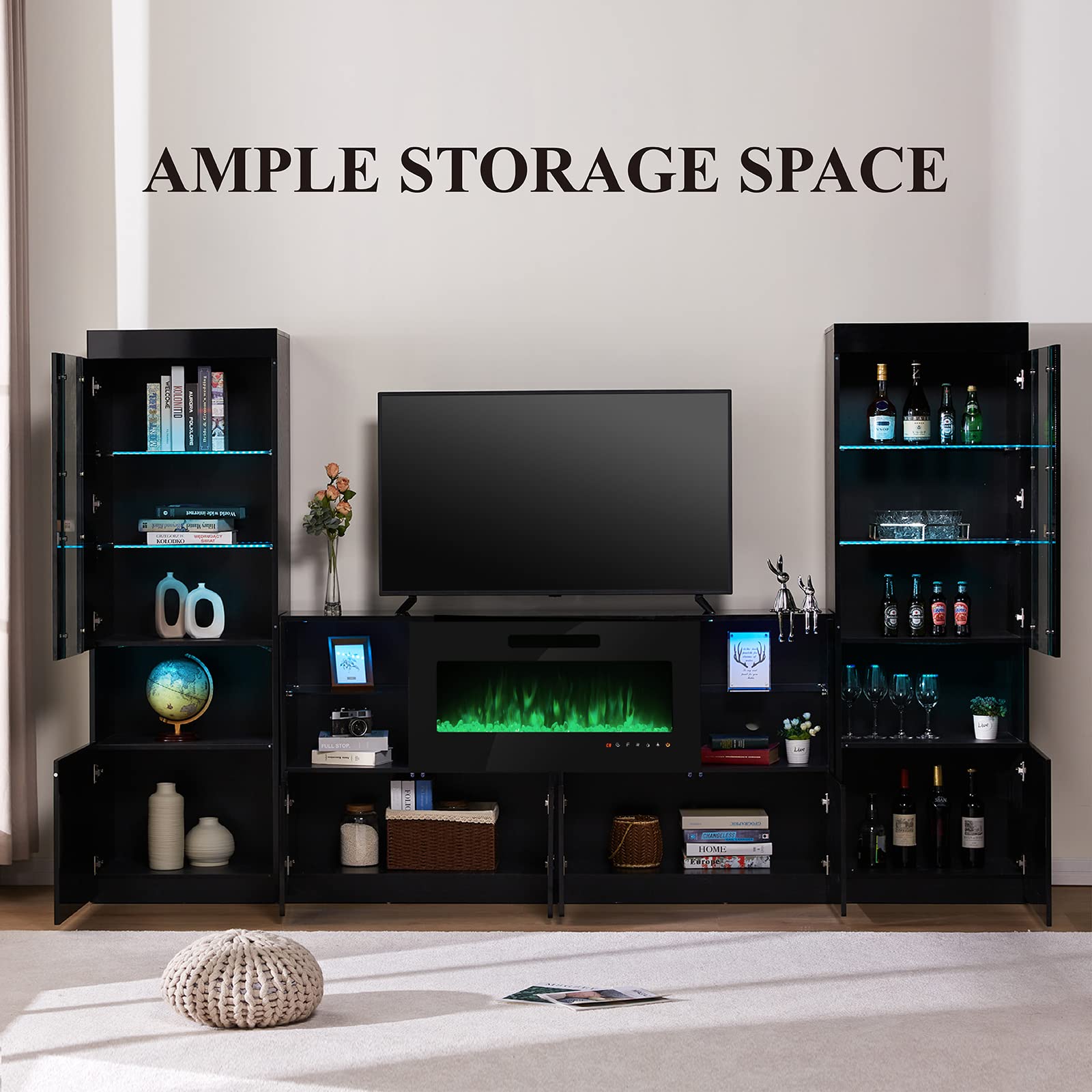 3 Piece Modern High Gloss Fireplace TV Stand + Bookcase Set