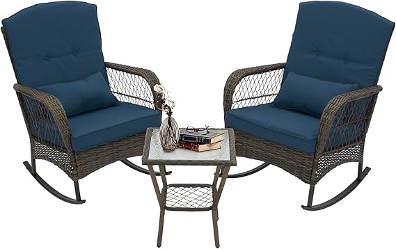 3-Piece Wicker Rocking Chair Bistro Set with Cushions and Side Table