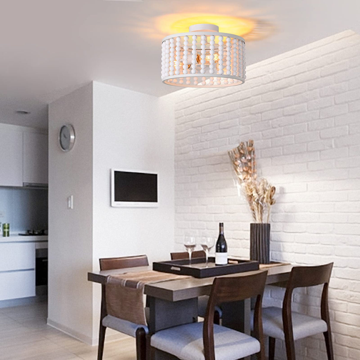 Boho Light Fixture, 3-Light Wood Beaded Chandelier, White Semi-Flush Mount Ceiling