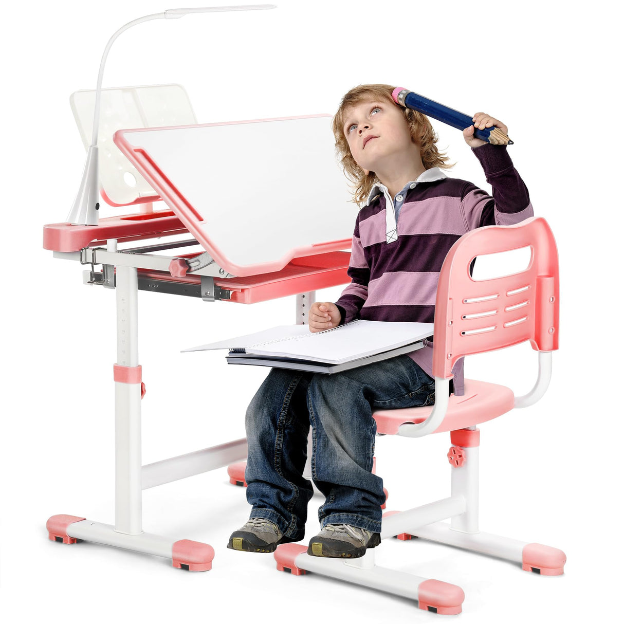 Kids Desk and Chair Set Height Adjustable School Study Desk and Chair with 55° Tiltable Desktop