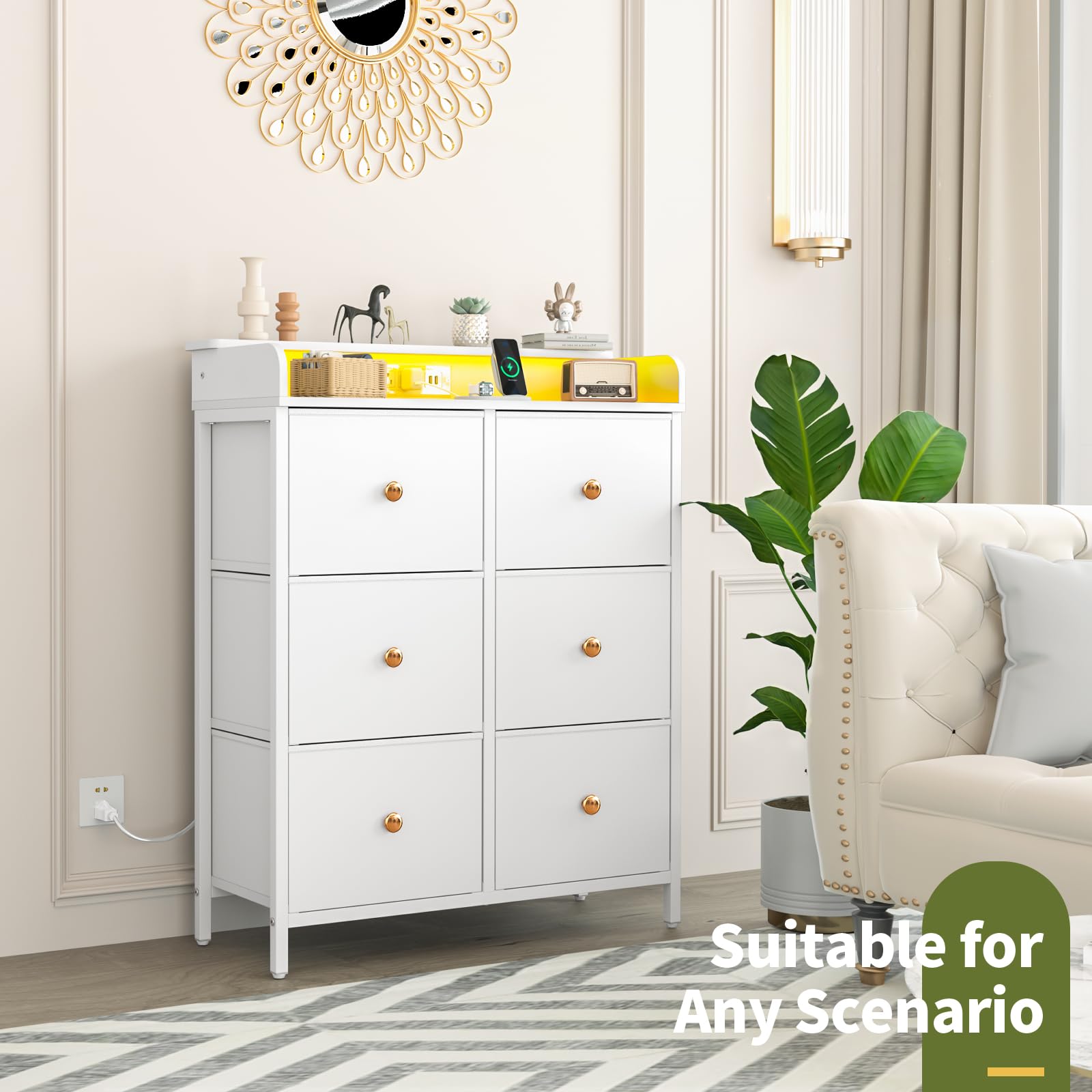 Dresser for Bedroom with Charging Station, 6-Drawer Chest Furniture with LED Lights