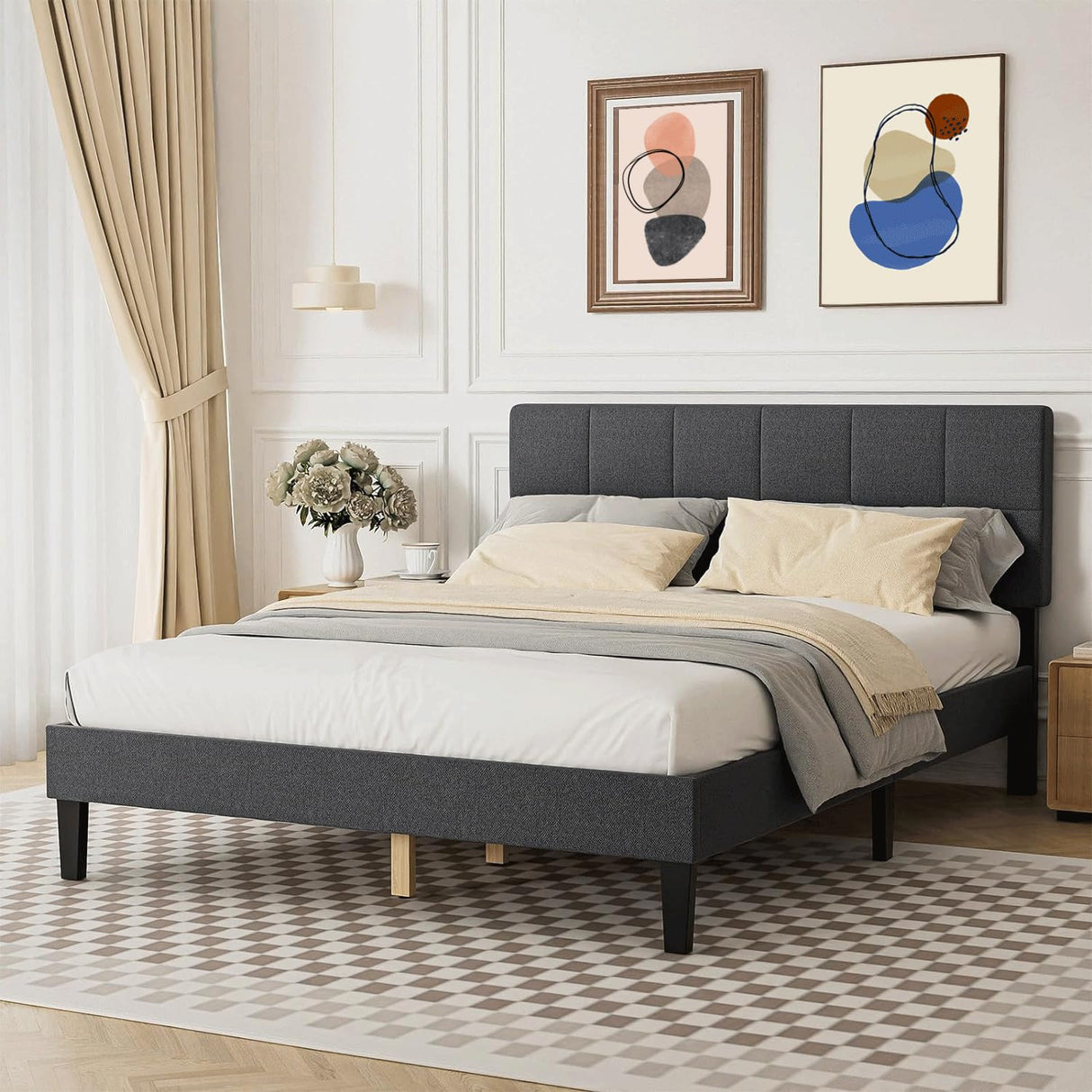 Homee Queen Size Bed Frame, Upholstered Bed Frame with Upholstered Headboard, Linen