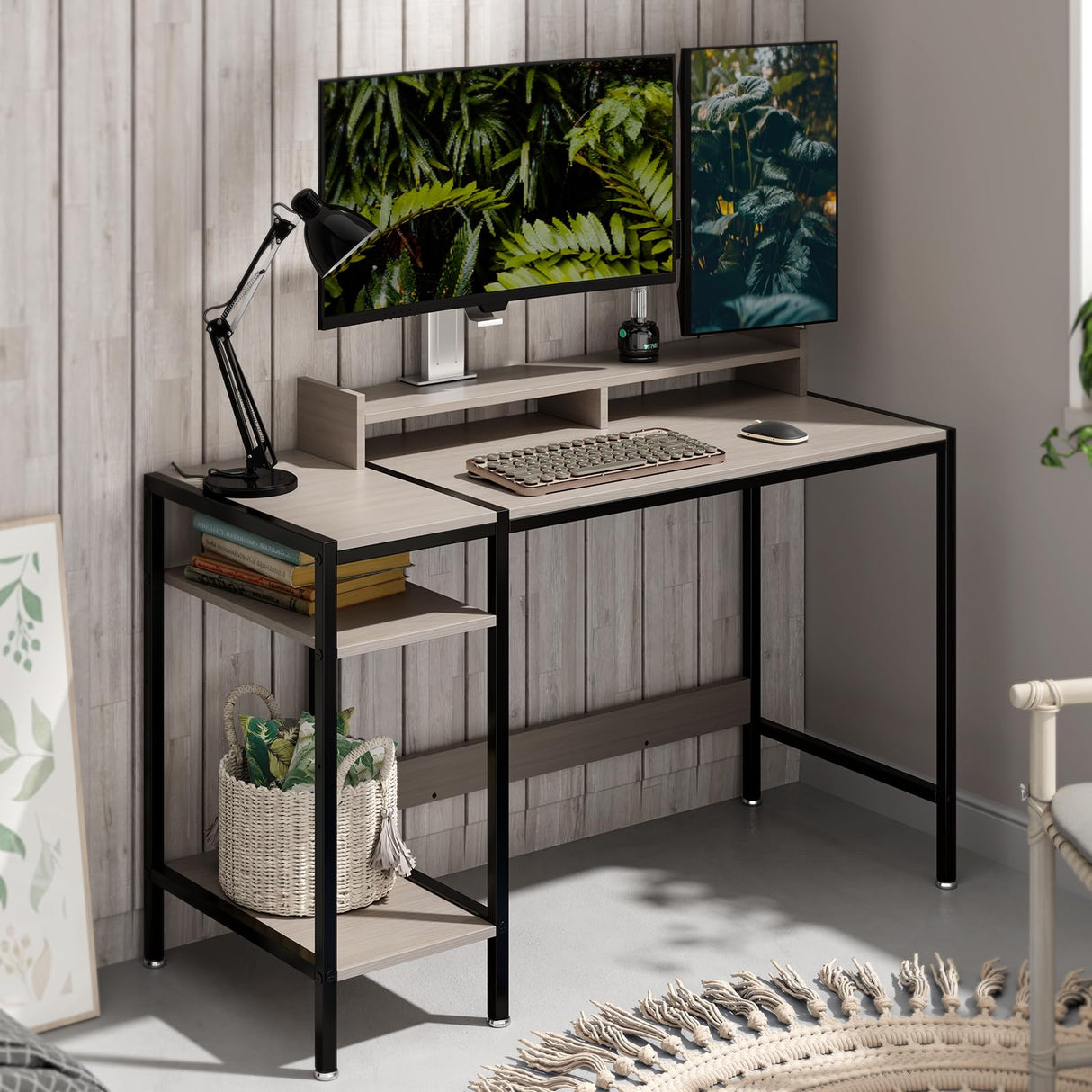 Gaming Home Office Computer Desk with Monitor Stand, Writing Desk for 2 Monitors