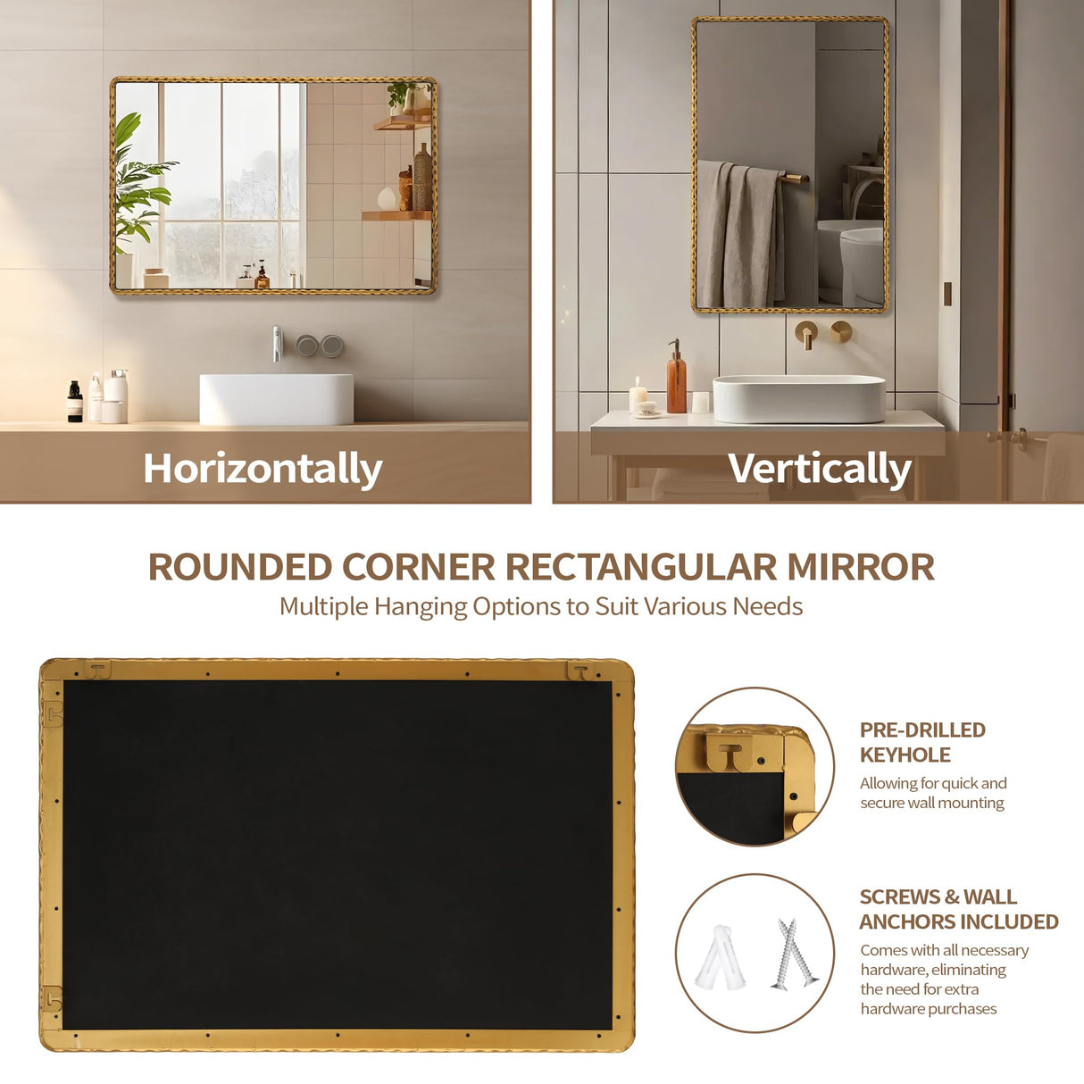 Rectangle Bathroom Mirror with Rounded Corner - Antique Gold Hammered Metal Frame 24x36