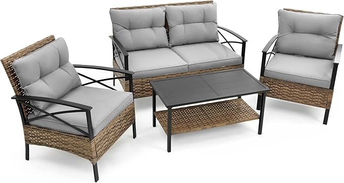 Outdoor Patio Furniture Set, 4 Piece Wicker Conversation Sets