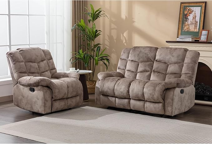 Manual Recliner Sofa Set, Soft Fabric Reclining Living Room Set