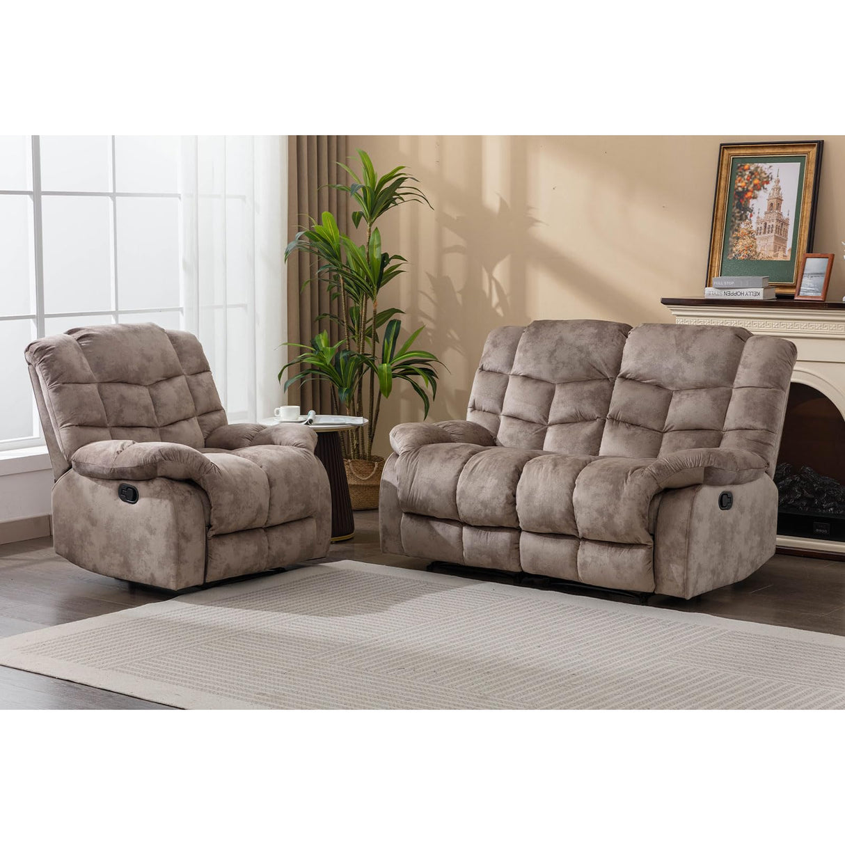 Manual Recliner Sofa Set, Soft Fabric Reclining Living Room Set