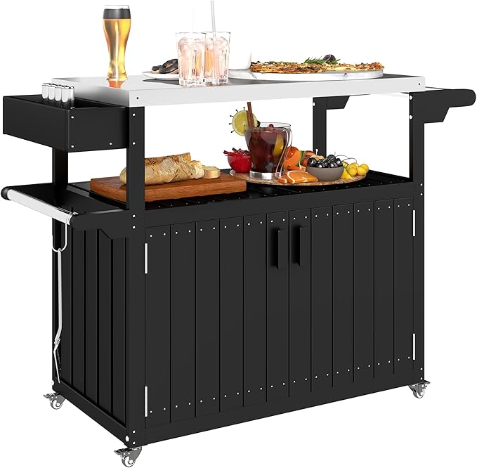 Outdoor Bar Cart with Storage Cabinet, Stainless Steel Top Kitchen Island on Wheels