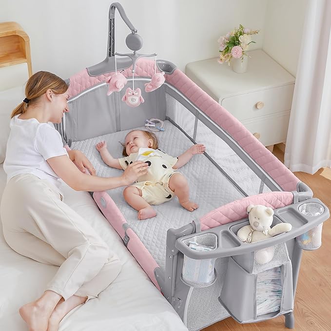 Baby Bassinet Bedside Crib, Pack and Play with Mattress, Diaper Changer