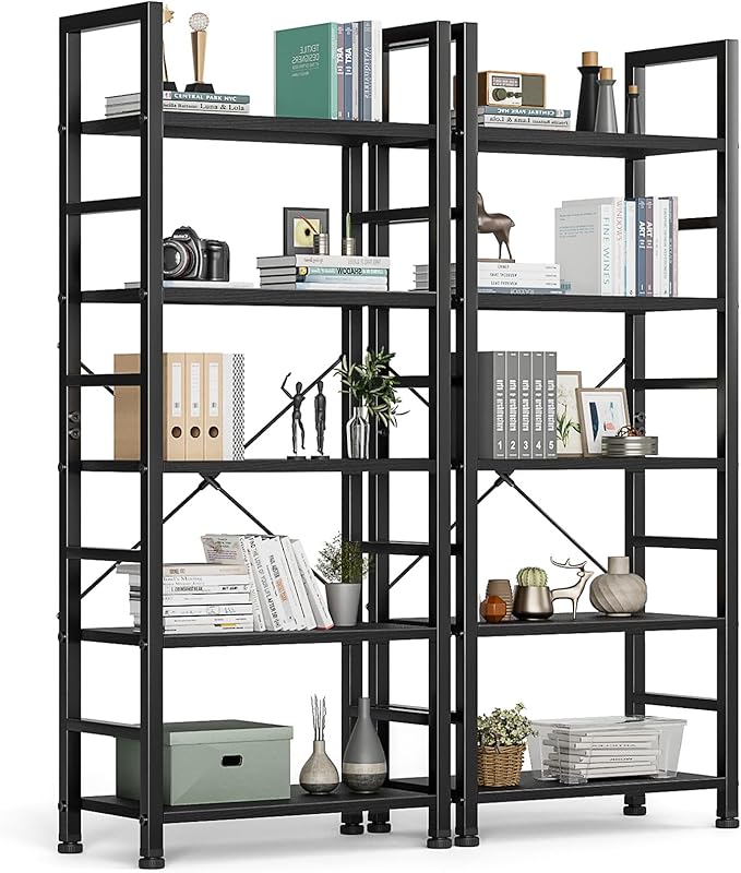 5-Tier Book Shelf Tall Modern Bookcase Set of 2 for Books, CDs, Movies, Storage and