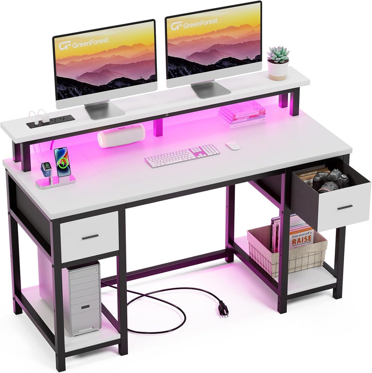 Computer Desk 50 Inch with Monitor Stand and LED Lights, Gaming Desk with 2 Fabric Drawers and Power Outlets