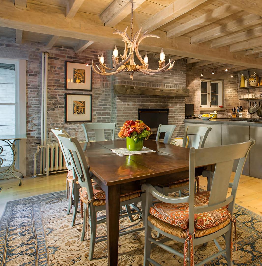 Vimatto Rustic Antler Chandelier 4-Light 25inch Old White Farmhouse Art Deco Antler Light Fixture for Dining Room, Kitchen Island & Living Room(White 4 Lights)