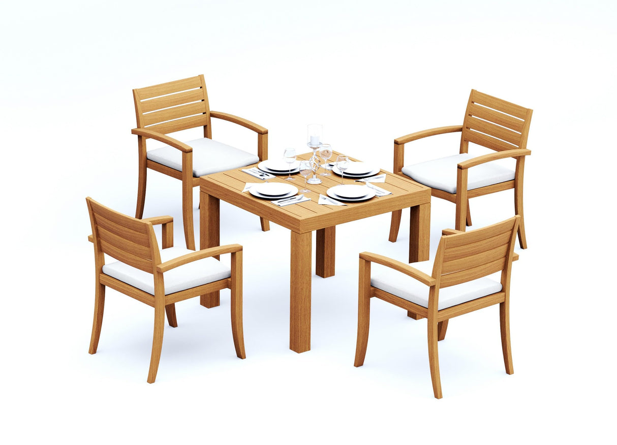 4 Seats 5 Pcs Grade-A Teak Wood Dining Set: 36" Square Table and 4 Travota Stacking
