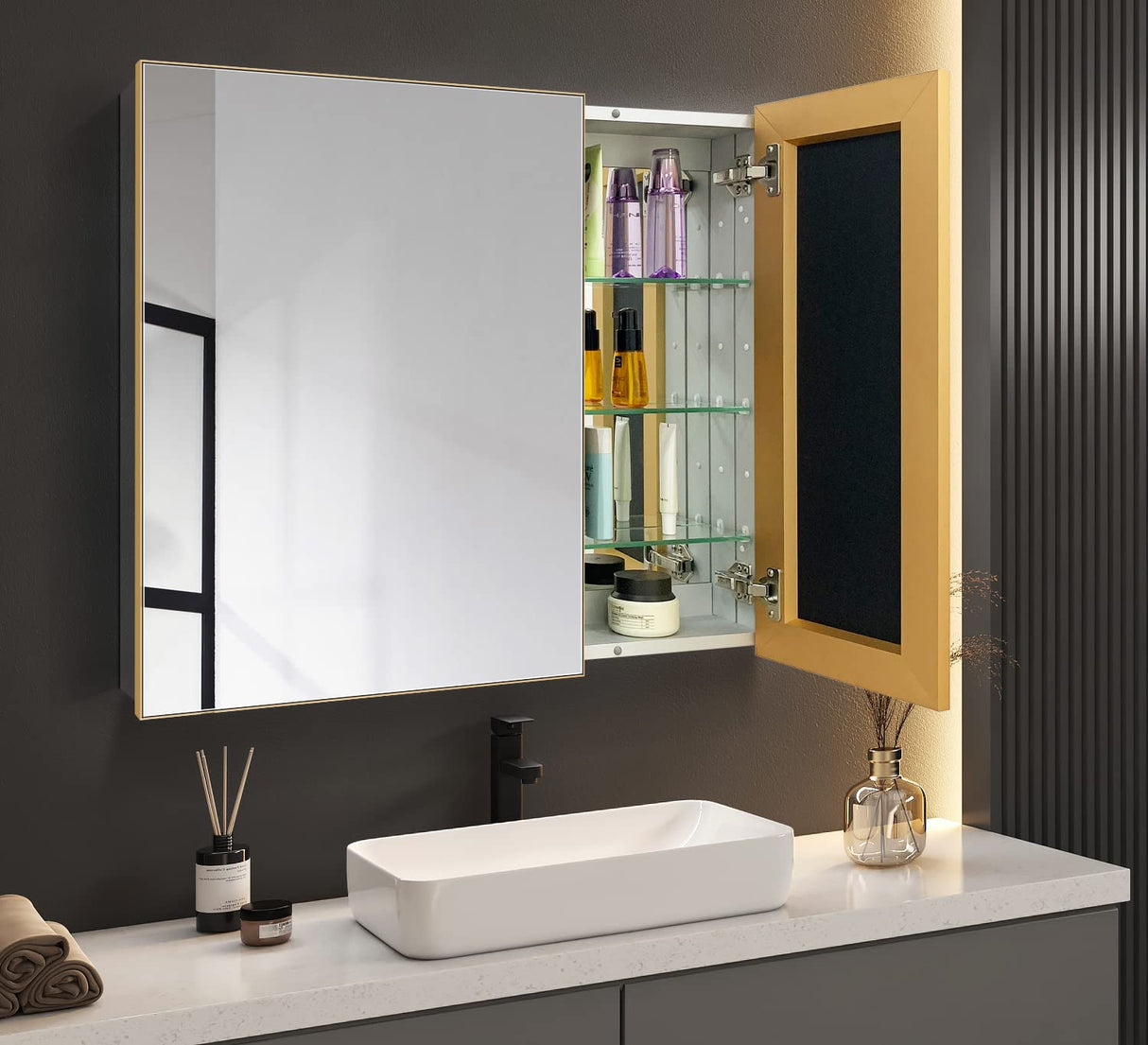 Bathroom Medicine Cabinet with Farmhouse Gold Metal Framed 26(H) x30(W) Inches