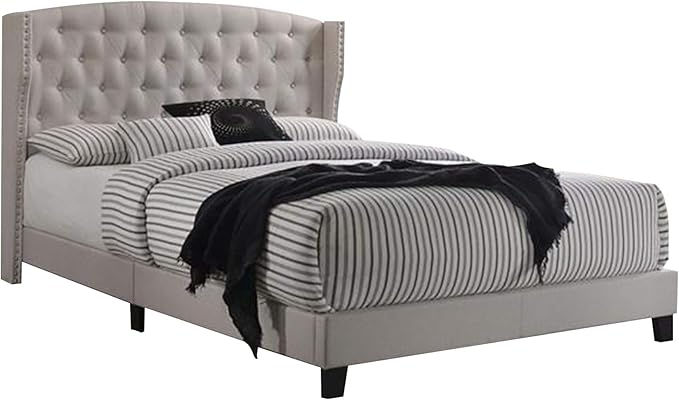 Benjara Wooden Queen Size Platform Bed with Wingback Design Padded Headboard