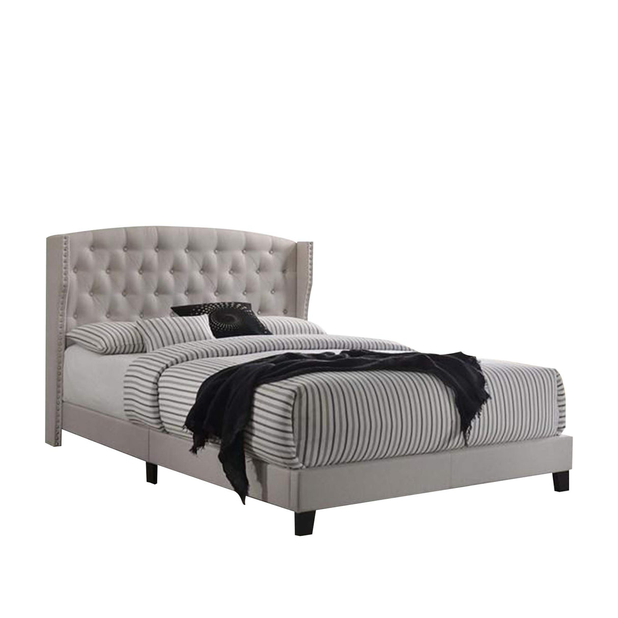 Benjara Wooden Queen Size Platform Bed with Wingback Design Padded Headboard