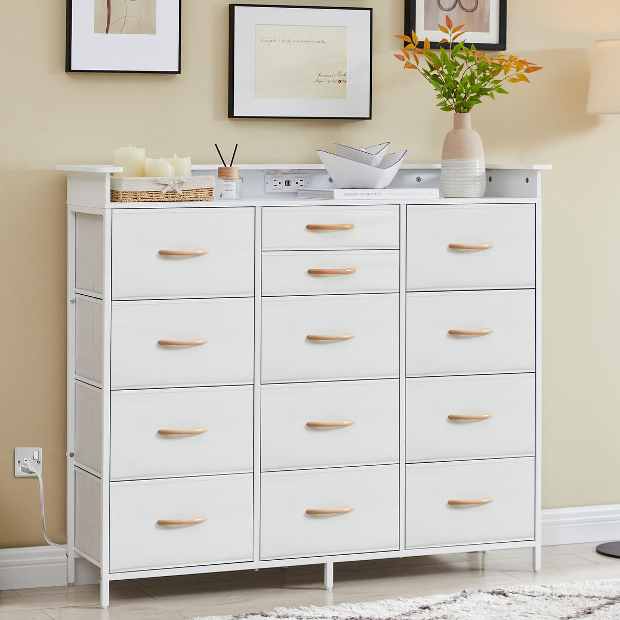 White Dresser with Charging Station and LED Lights, Dresser