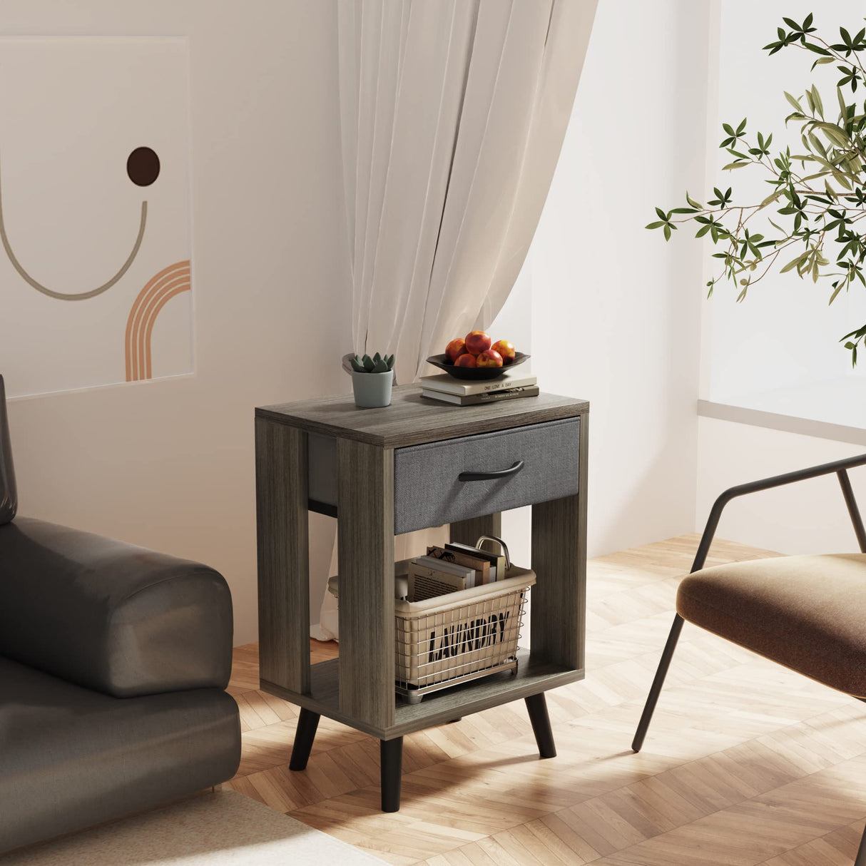 Nightstand Set of 2 with Fabric Drawers and Open Shelves - Gray Bedroom