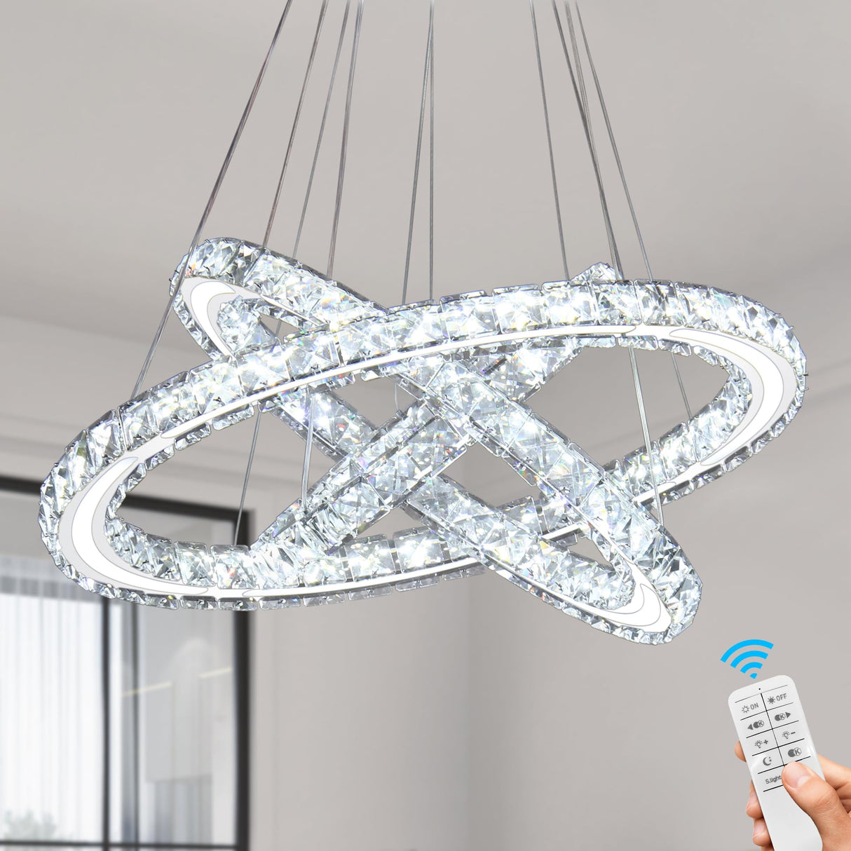 Modern Chandeliers Crystal Ceiling Light 3 Rings Dimmable LED Pendant Light Fixture