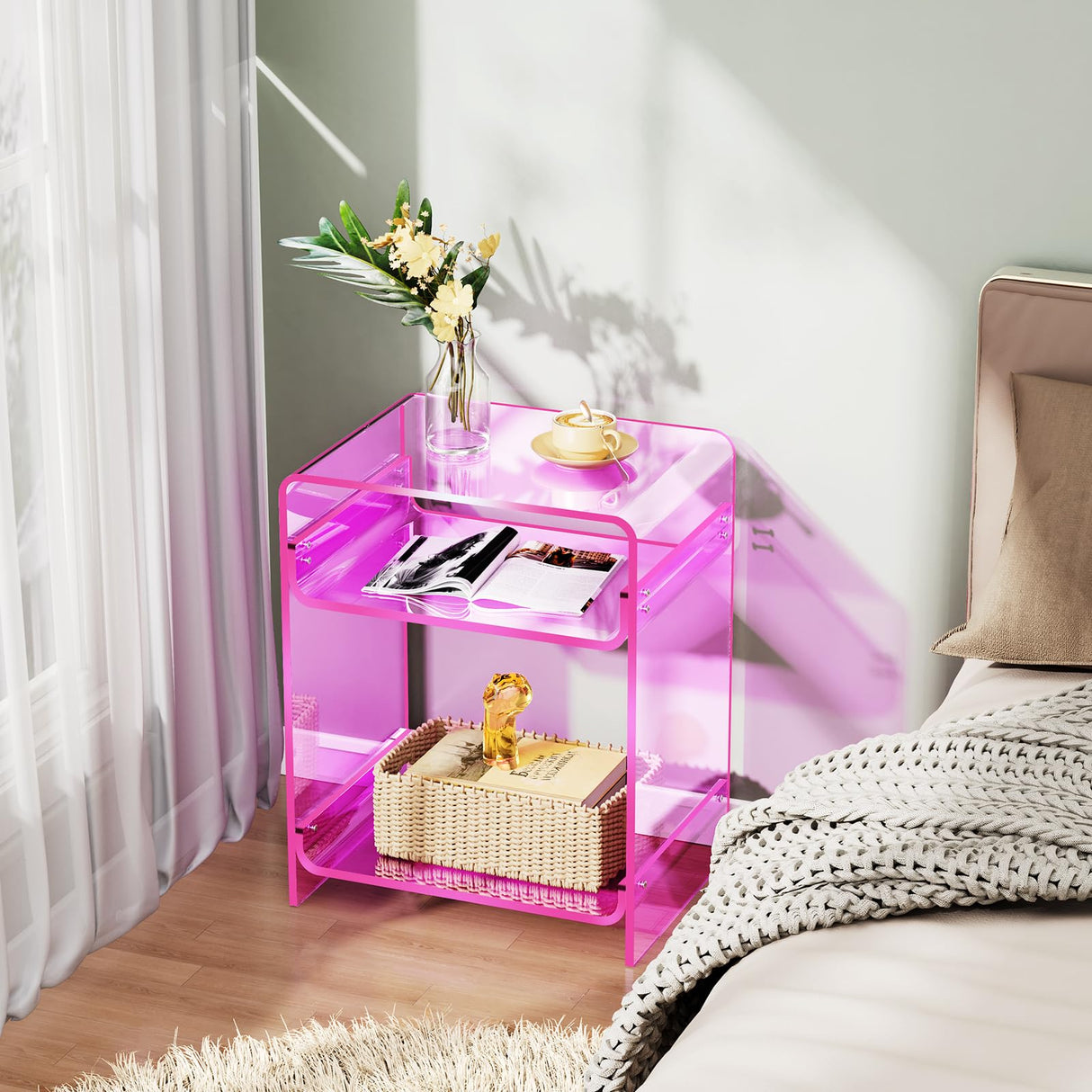 Storage Shelf Clear Side Table Nightstand