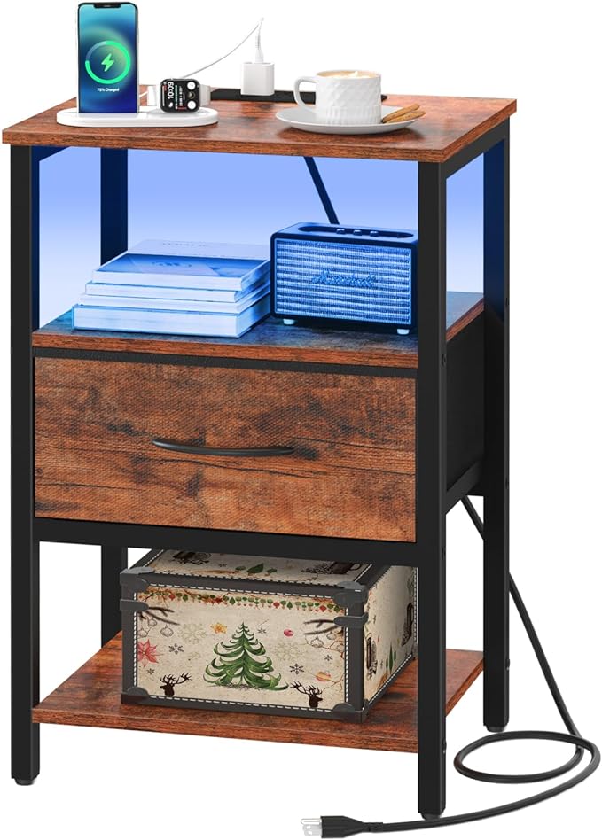 Side Table with Storage, LED Night Stand