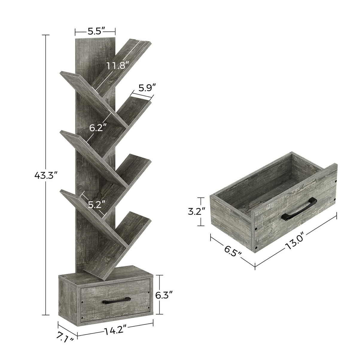 Rolanstar Bookshelf with Wooden Drawer, 7 Shelf Tree Bookshelf, Modern Book Storage, Free Standing Tree Bookcase, Utility Organizer Shelves for Home Office, Living Room, Bedroom, Light Grey