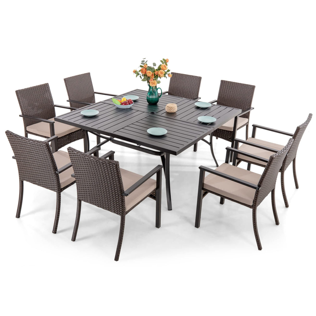 9 Pieces Patio Dining Set for 8, All Weather Square Outdoor Table with Umbrella Hole