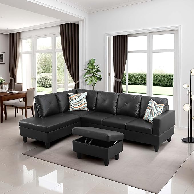 Linen L Shaped Sectional Couches with Storage Ottoman,3-Piece Living Room Sofa Set